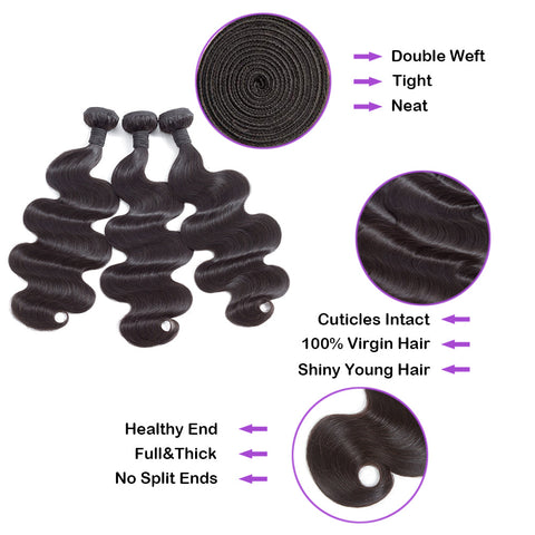 3 Bundle Deals Body Wave Virgin Human Hair Natural Black