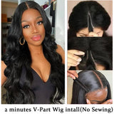 Body Wave #1B Natural Black V Part Wigs 100% Virgin Human Hair 180% Density